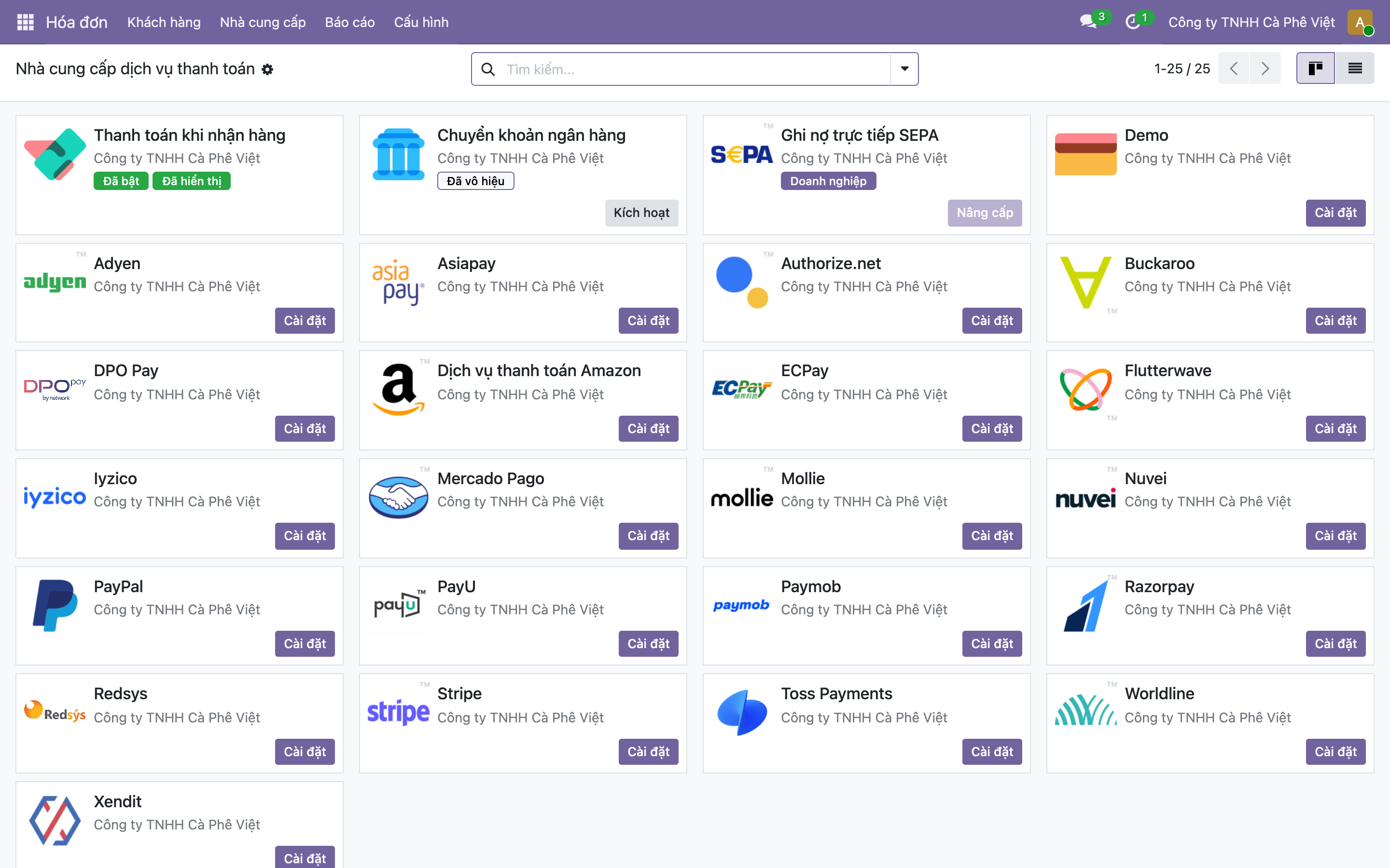 Màn hình Nhà cung cấp dịch vụ thanh toán của Odoo dạng thẻ, hiển thị hơn 20 cổng: Thanh toán khi nhận hàng (đã bật), Chuyển khoản ngân hàng, SEPA, Demo, Adyen, Asiapay, Authorize.net, Buckaroo, DPO Pay, Amazon, ECPay, Flutterwave, Iyzico, Mercado Pago, Mollie, Nuvei, PayPal, PayU, Paymob, Razorpay, Redsys, Stripe, Toss Payments, Worldline, Xendit