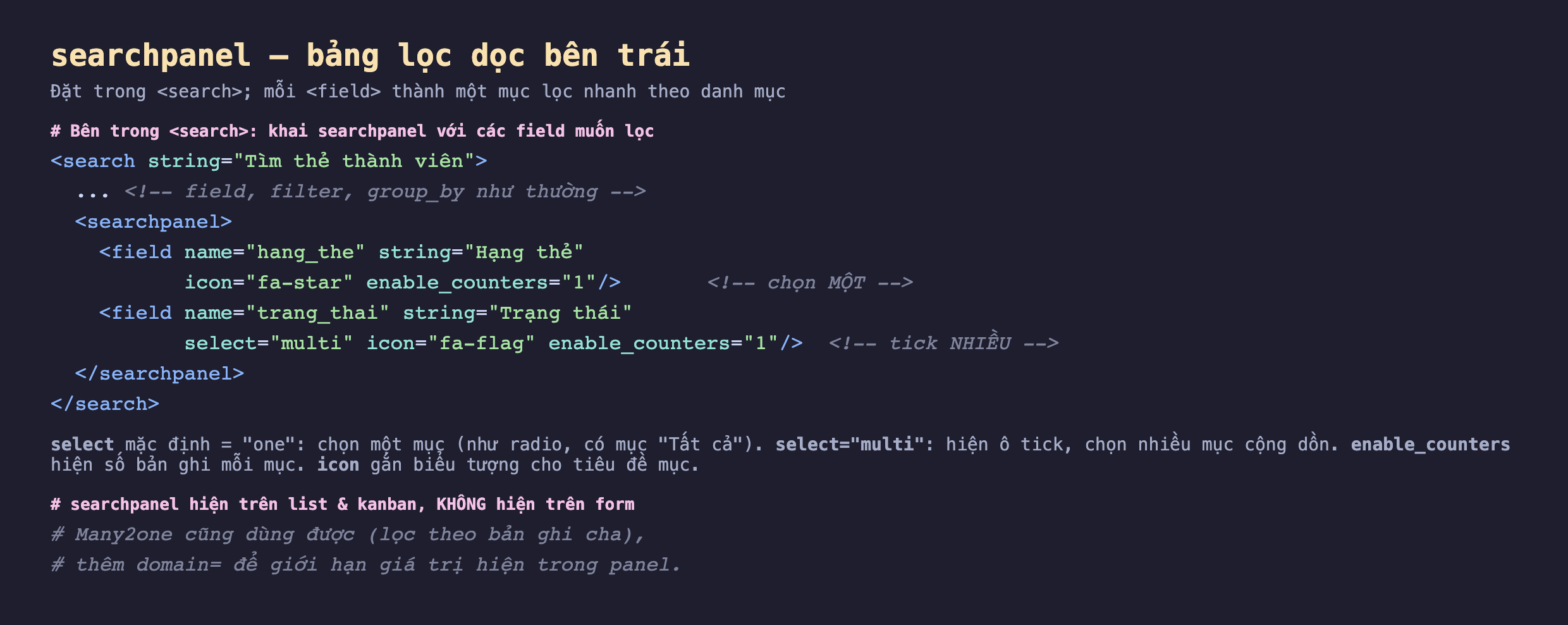 Ảnh chụp đoạn mã nền tối, bên trong thẻ search có thẻ searchpanel chứa hai field: hang_the string Hạng thẻ icon fa-star enable_counters, và trang_thai string Trạng thái select multi icon fa-flag enable_counters; kèm chú thích select mặc định one là chọn một mục có mục Tất cả, select multi hiện ô tick chọn nhiều mục cộng dồn, enable_counters hiện số bản ghi mỗi mục, icon gắn biểu tượng; cuối ảnh ghi searchpanel hiện trên list và kanban không hiện trên form, Many2one cũng dùng được thêm domain để giới hạn giá trị