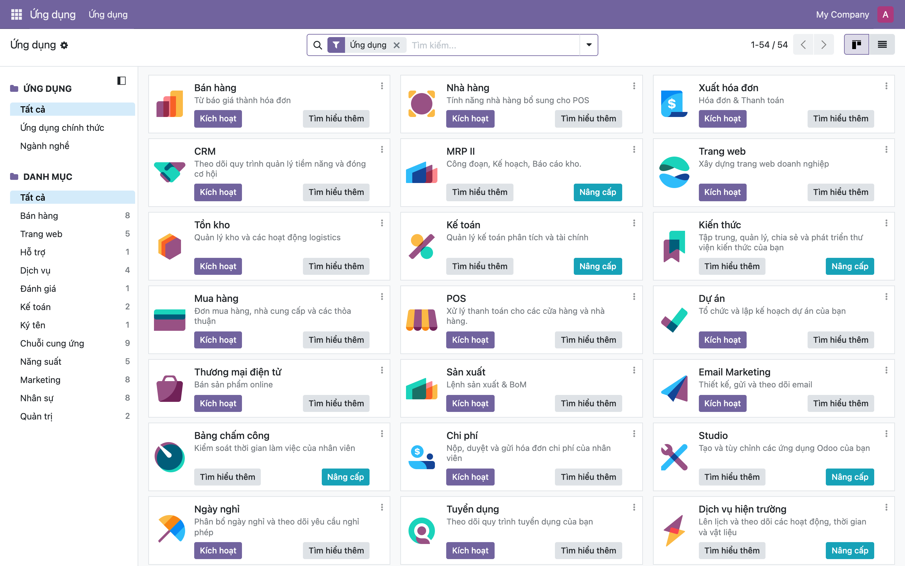 Màn hình Ứng dụng, có app nút "Kích hoạt" và app nút "Nâng cấp"