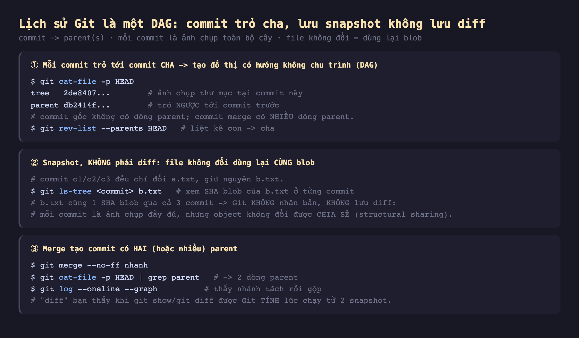 Ảnh chụp đoạn mã nền tối minh hoạ lịch sử Git là một DAG commit trỏ cha lưu snapshot không lưu diff commit trỏ parent mỗi commit là ảnh chụp toàn bộ cây file không đổi dùng lại blob, một mỗi commit trỏ tới commit cha tạo đồ thị có hướng không chu trình DAG git cat-file -p HEAD tree 2de8407 ảnh chụp thư mục parent db2414f trỏ ngược tới commit trước commit gốc không có dòng parent commit merge có nhiều dòng parent git rev-list --parents HEAD liệt kê con tới cha, hai snapshot không phải diff file không đổi dùng lại cùng blob commit c1 c2 c3 đều chỉ đổi a.txt giữ nguyên b.txt git ls-tree commit b.txt xem SHA blob b.txt cùng 1 SHA blob qua cả 3 commit Git không nhân bản không lưu diff mỗi commit là ảnh chụp đầy đủ nhưng object không đổi được chia sẻ structural sharing, ba merge tạo commit có hai hoặc nhiều parent git merge --no-ff nhanh git cat-file -p HEAD grep parent 2 dòng parent git log --oneline --graph thấy nhánh tách rồi gộp diff bạn thấy khi git show git diff được Git tính lúc chạy từ 2 snapshot