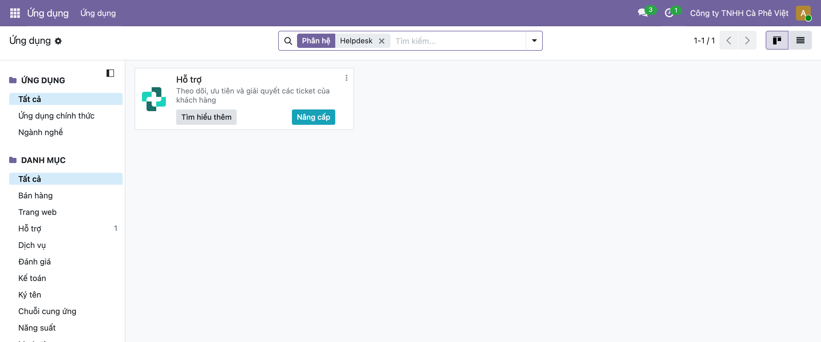 Màn hình Ứng dụng tìm Helpdesk, app Hỗ trợ hiện nút Nâng cấp — cho thấy Helpdesk là tính năng Enterprise