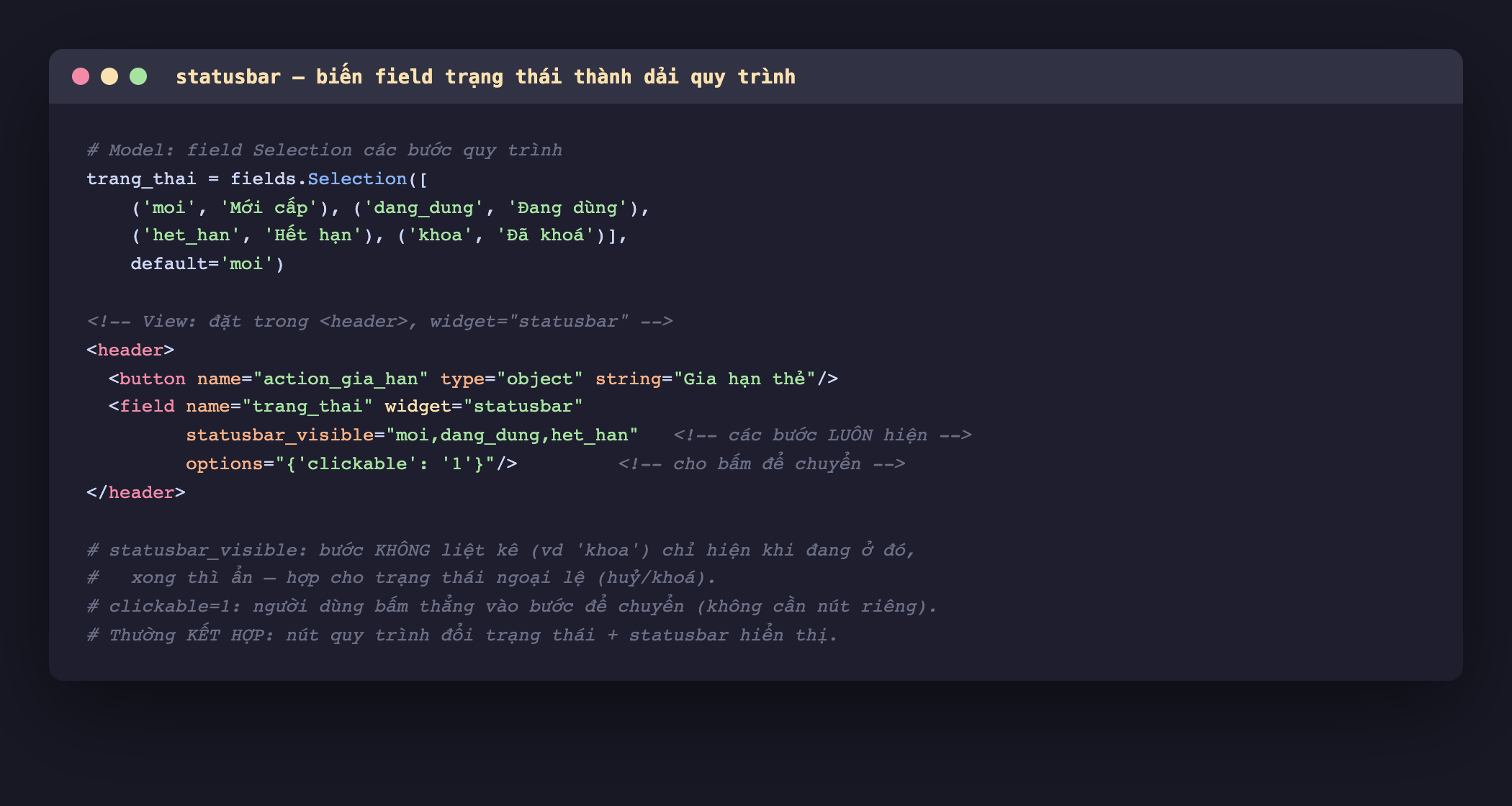 Ảnh chụp mã Python và XML nền tối, phần Python định nghĩa field trang_thai kiểu Selection với bốn cặp giá trị moi Mới cấp, dang_dung Đang dùng, het_han Hết hạn, khoa Đã khoá và mặc định moi, phần XML một thẻ header chứa một button action_gia_han và một field trang_thai widget statusbar với statusbar_visible liệt kê moi dang_dung het_han là các bước luôn hiện và options clickable bằng 1 cho phép bấm để chuyển, kèm chú thích rằng bước không liệt kê như khoa chỉ hiện khi đang ở đó và clickable cho người dùng bấm thẳng vào bước
