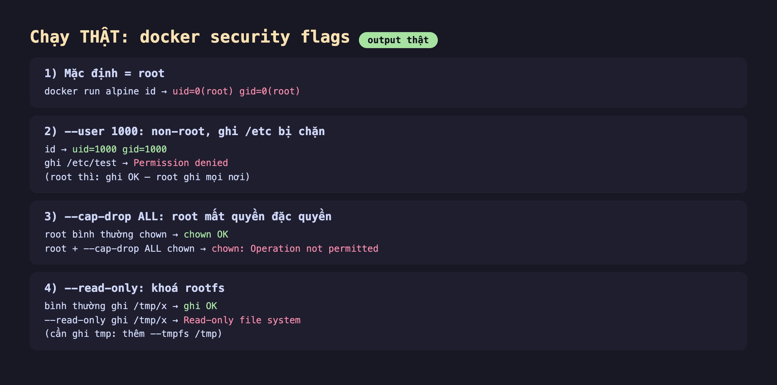 Ảnh chụp bảng kết quả chạy thật docker security flags output thật, một mặc định bằng root docker run alpine id ra uid 0 root gid 0 root, hai --user 1000 non-root ghi etc bị chặn id ra uid 1000 gid 1000 ghi etc test ra Permission denied root thì ghi OK root ghi mọi nơi, ba --cap-drop ALL root mất quyền đặc quyền root bình thường chown ra chown OK root cộng --cap-drop ALL chown ra chown Operation not permitted, bốn --read-only khoá rootfs bình thường ghi tmp x ra ghi OK --read-only ghi tmp x ra Read-only file system cần ghi tmp thêm --tmpfs tmp