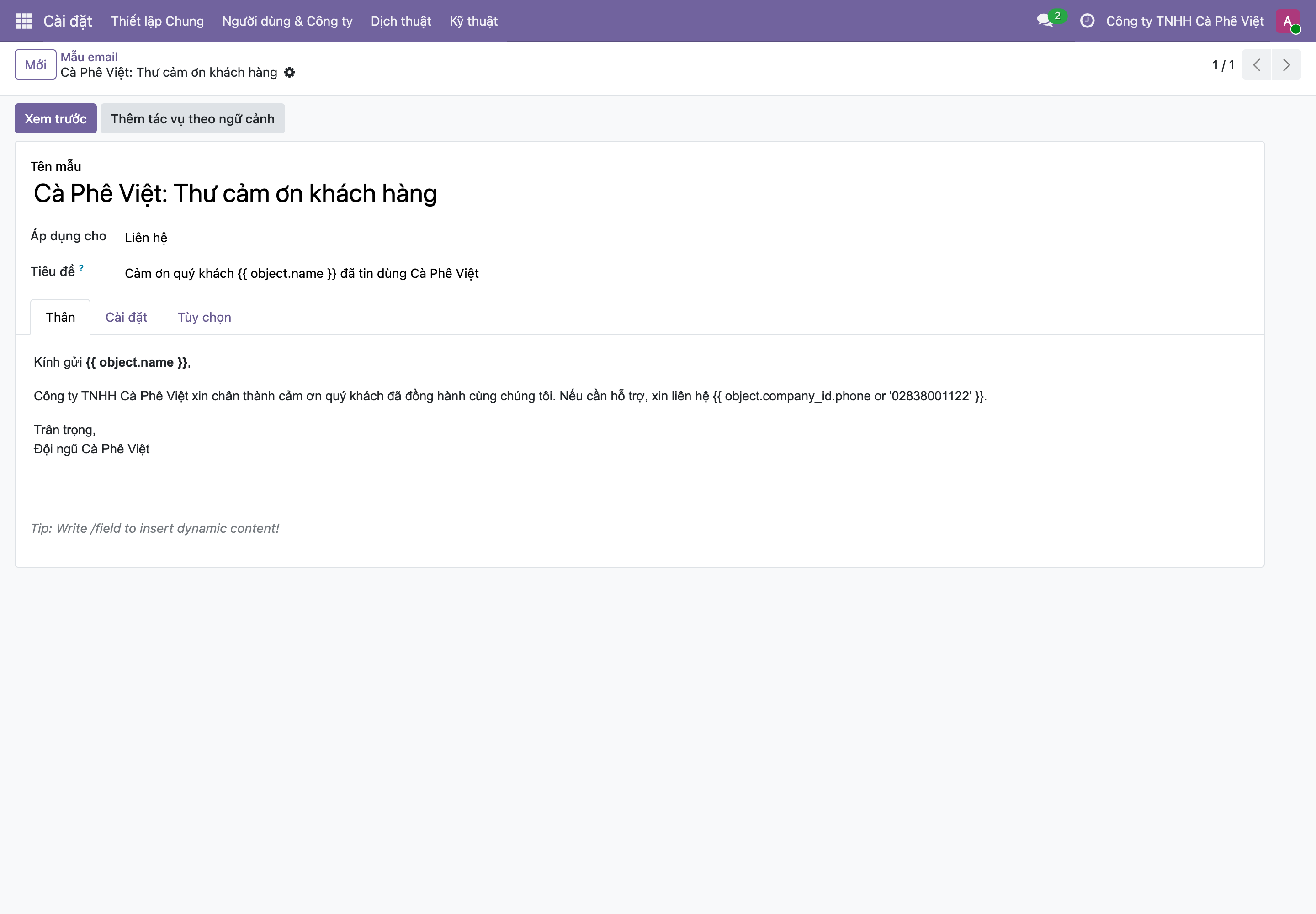 Form mẫu email với các placeholder động