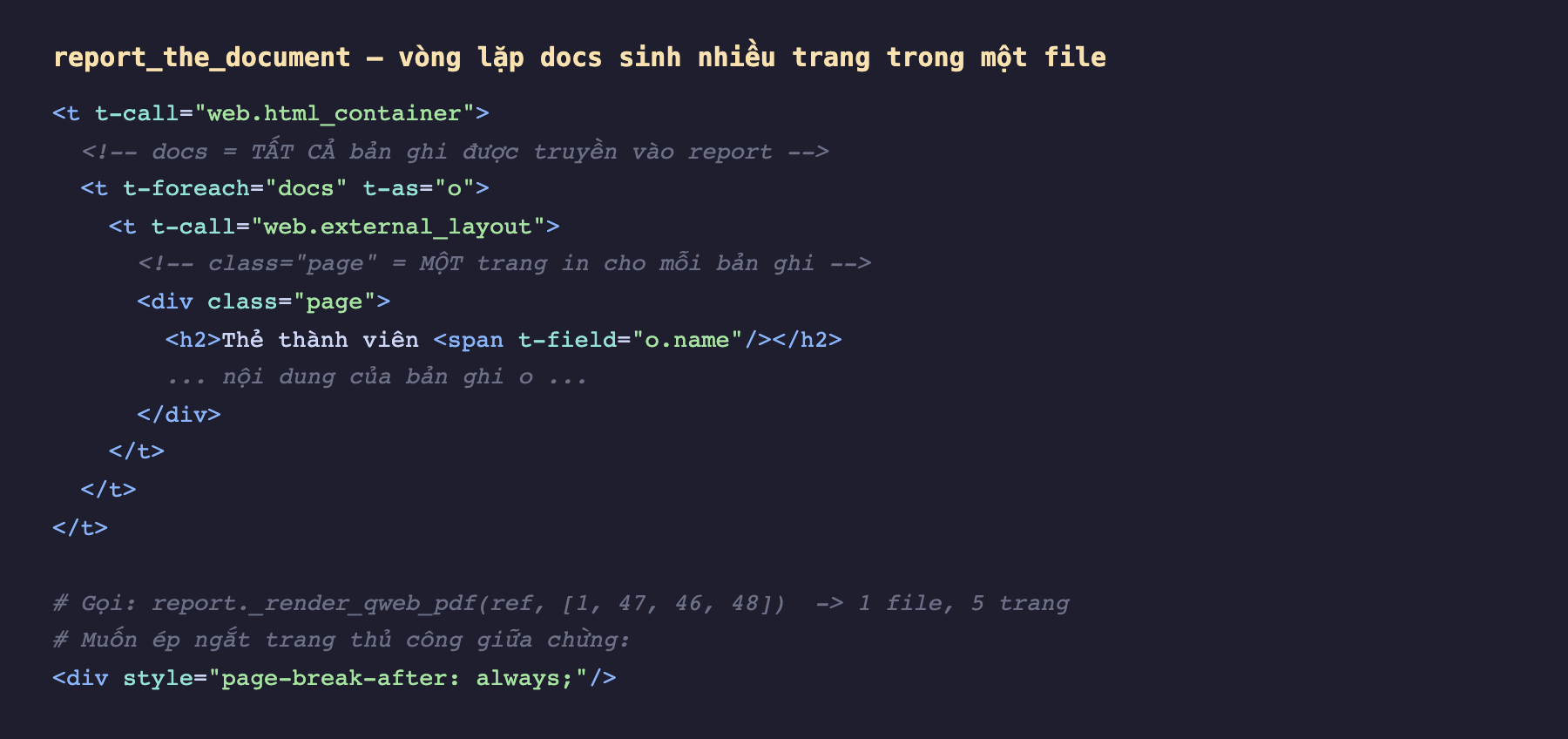 Ảnh chụp đoạn mã QWeb nền tối template report_the_document, mở bằng t t-call web.html_container, bên trong t t-foreach docs t-as o chú thích docs là tất cả bản ghi được truyền vào, rồi t t-call web.external_layout, bên trong là div class page chú thích class page là một trang in cho mỗi bản ghi chứa h2 Thẻ thành viên với span t-field o name và nội dung của bản ghi o, cuối ảnh có chú thích gọi render_qweb_pdf với danh sách bốn id cho ra một file năm trang và cách ép ngắt trang thủ công bằng div style page-break-after always
