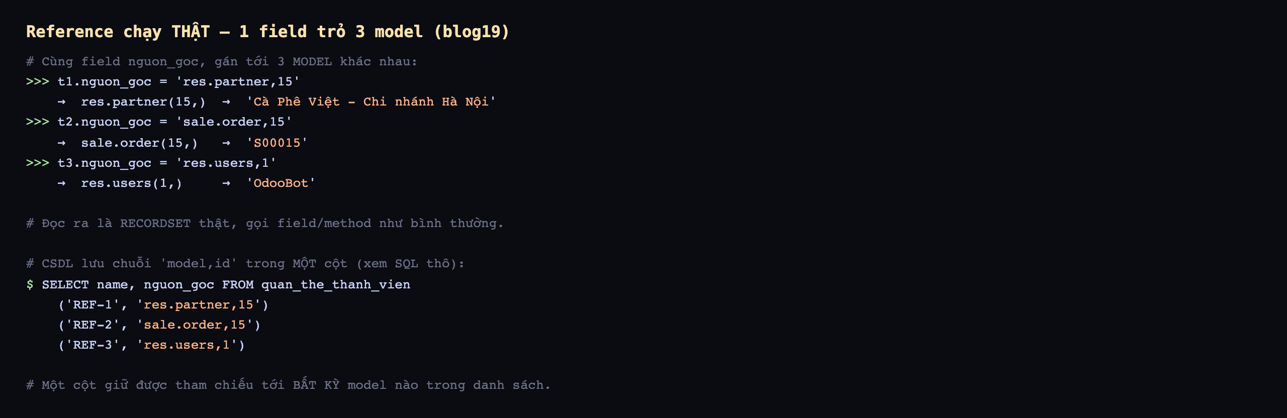 Reference chạy thật một field trỏ ba model trên database blog19: cùng field nguon_goc gán tới ba model khác nhau, t1.nguon_goc bằng res.partner phẩy 15 cho recordset res.partner 15 tên Cà Phê Việt Chi nhánh Hà Nội, t2.nguon_goc bằng sale.order phẩy 15 cho sale.order 15 tên S00015, t3.nguon_goc bằng res.users phẩy 1 cho res.users 1 tên OdooBot; đọc ra là recordset thật gọi field method như bình thường; cơ sở dữ liệu lưu chuỗi model phẩy id trong một cột, SELECT name nguon_goc từ bảng quan_the_thanh_vien cho REF-1 res.partner phẩy 15, REF-2 sale.order phẩy 15, REF-3 res.users phẩy 1; một cột giữ được tham chiếu tới bất kỳ model nào trong danh sách