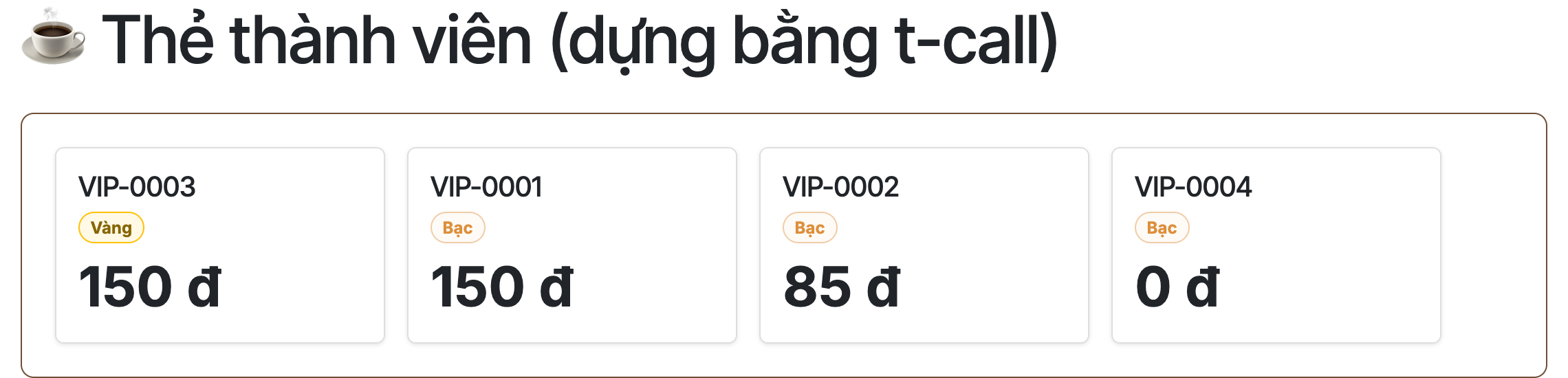 Ảnh chụp thật trang web the-tcall trên Odoo 19, tiêu đề cốc cà phê Thẻ thành viên dựng bằng t-call, bên dưới là một khung viền màu nâu bo góc bọc bốn thẻ card nằm ngang, thẻ VIP-0003 nhãn Vàng 150 đ, thẻ VIP-0001 nhãn Bạc 150 đ, thẻ VIP-0002 nhãn Bạc 85 đ, thẻ VIP-0004 nhãn Bạc 0 đ, mỗi thẻ cùng một kiểu dáng vì cùng dựng từ template the_card