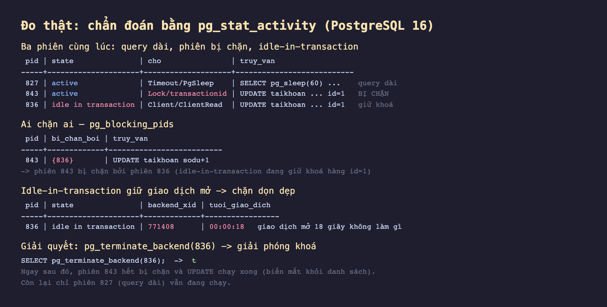 Ảnh chụp bảng kết quả đo thật nền tối chẩn đoán bằng pg_stat_activity PostgreSQL 16, ba phiên cùng lúc query dài phiên bị chặn idle-in-transaction pid 827 active Timeout PgSleep SELECT pg_sleep 60 query dài pid 843 active Lock transactionid UPDATE taikhoan id 1 bị chặn pid 836 idle in transaction Client ClientRead UPDATE taikhoan id 1 giữ khoá, ai chặn ai pg_blocking_pids pid 843 bi_chan_boi 836 UPDATE taikhoan sodu cộng 1 phiên 843 bị chặn bởi phiên 836 idle-in-transaction đang giữ khoá hàng id 1, idle-in-transaction giữ giao dịch mở chặn dọn dẹp pid 836 idle in transaction backend_xid 771408 tuoi_giao_dich 00:00:18 giao dịch mở 18 giây không làm gì, giải quyết pg_terminate_backend 836 giải phóng khoá SELECT pg_terminate_backend 836 t ngay sau đó phiên 843 hết bị chặn và UPDATE chạy xong biến mất khỏi danh sách còn lại chỉ phiên 827 query dài vẫn đang chạy