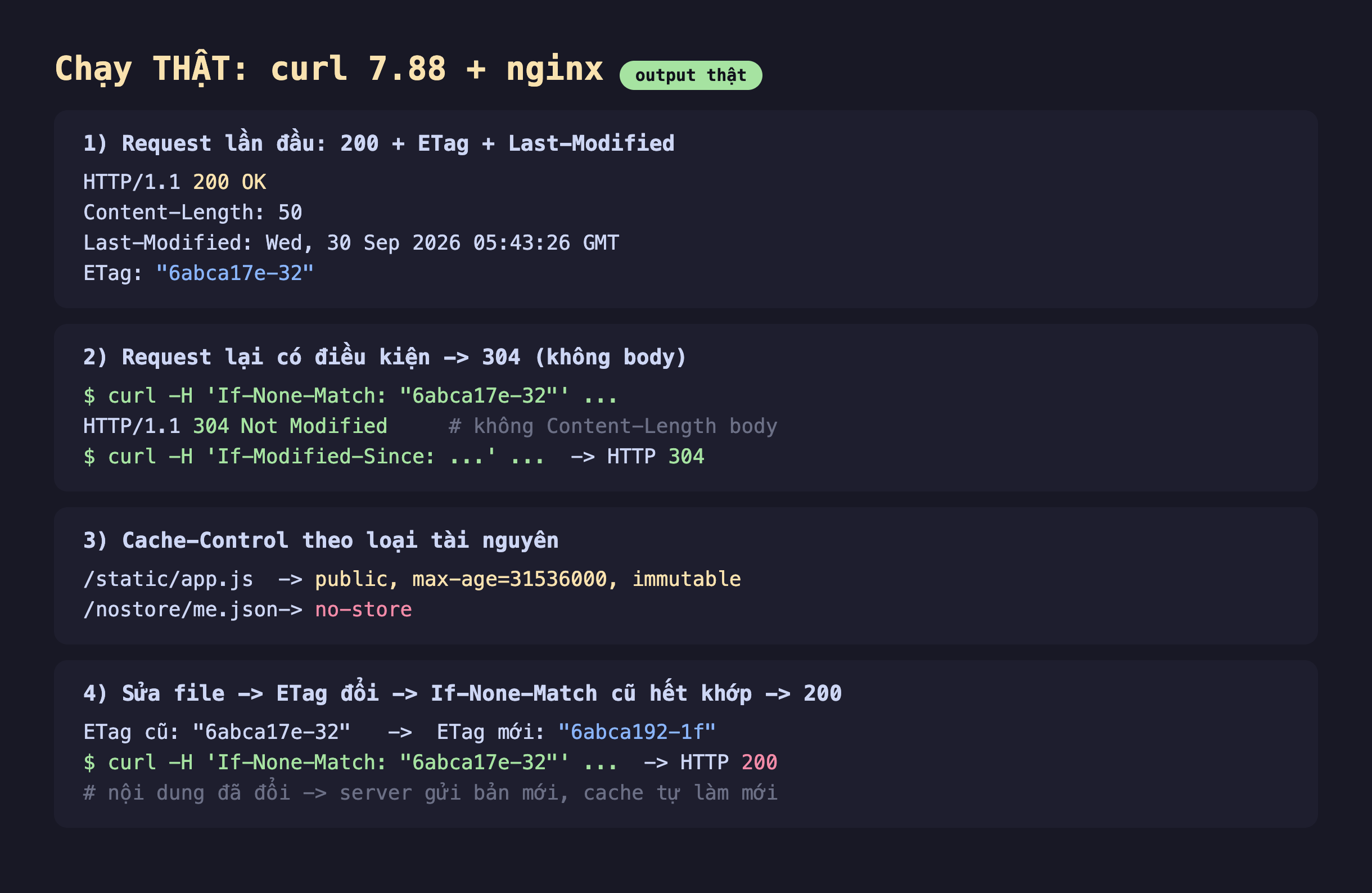 Ảnh chụp bảng kết quả đo thật nền tối chạy curl 7.88 và nginx, phần một request lần đầu 200 cộng ETag cộng Last-Modified HTTP/1.1 200 OK Content-Length 50 Last-Modified Wed 30 Sep 2026 05:43:26 GMT ETag 6abca17e-32, phần hai request lại có điều kiện ra 304 không body curl -H If-None-Match 6abca17e-32 ra HTTP/1.1 304 Not Modified không Content-Length body curl -H If-Modified-Since ra HTTP 304, phần ba Cache-Control theo loại tài nguyên slash static slash app.js ra public max-age 31536000 immutable slash nostore slash me.json ra no-store, phần bốn sửa file ETag đổi If-None-Match cũ hết khớp ra 200 ETag cũ 6abca17e-32 ra ETag mới 6abca192-1f curl -H If-None-Match 6abca17e-32 ra HTTP 200 nội dung đã đổi server gửi bản mới cache tự làm mới