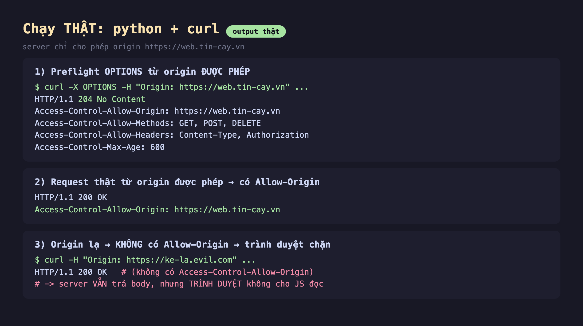 Ảnh chụp bảng kết quả chạy thật python cộng curl output thật server chỉ cho phép origin web.tin-cay.vn, một preflight OPTIONS từ origin được phép curl -X OPTIONS -H Origin web.tin-cay.vn trả HTTP 204 No Content Access-Control-Allow-Origin web.tin-cay.vn Access-Control-Allow-Methods GET POST DELETE Access-Control-Allow-Headers Content-Type Authorization Access-Control-Max-Age 600, hai request thật từ origin được phép có Allow-Origin HTTP 200 OK Access-Control-Allow-Origin web.tin-cay.vn, ba origin lạ không có Allow-Origin trình duyệt chặn curl -H Origin ke-la.evil.com trả HTTP 200 OK không có Access-Control-Allow-Origin server vẫn trả body nhưng trình duyệt không cho JS đọc