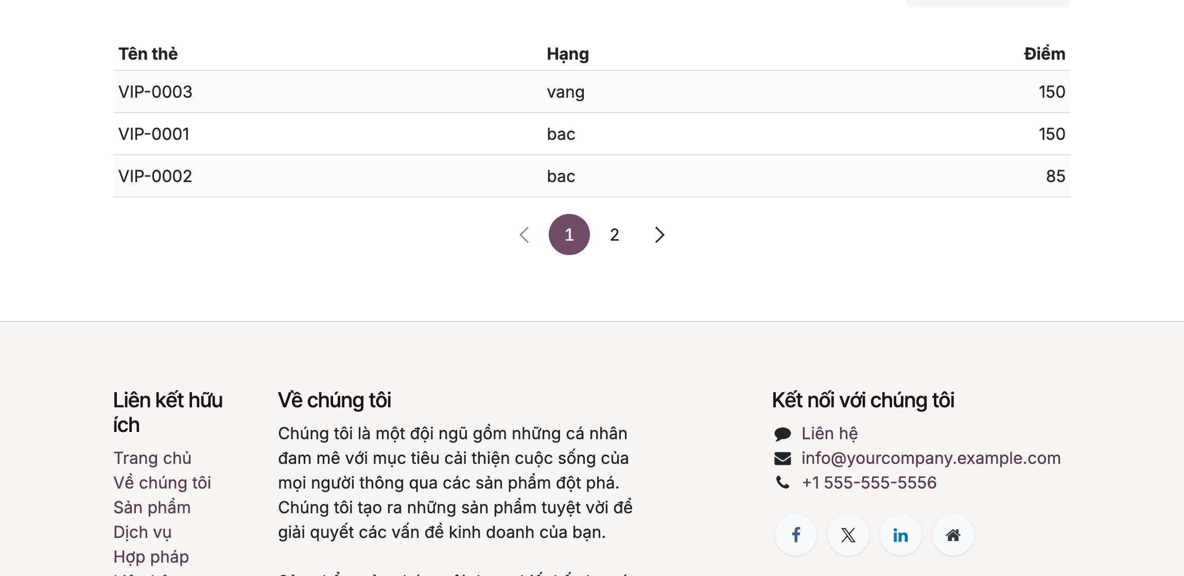 Ảnh chụp trang portal my the thật trên Odoo 19. Một bảng có tiêu đề cột Tên thẻ, Hạng, Điểm. Ba dòng dữ liệu sắp theo điểm giảm dần: VIP-0003 hạng vang 150 điểm, VIP-0001 hạng bac 150 điểm, VIP-0002 hạng bac 85 điểm. Bên dưới bảng là thanh phân trang với nút mũi tên lùi, số 1 đang được tô đậm active, số 2, và nút mũi tên tiến. Dưới cùng là footer website với Liên kết hữu ích, Về chúng tôi, Kết nối với chúng tôi