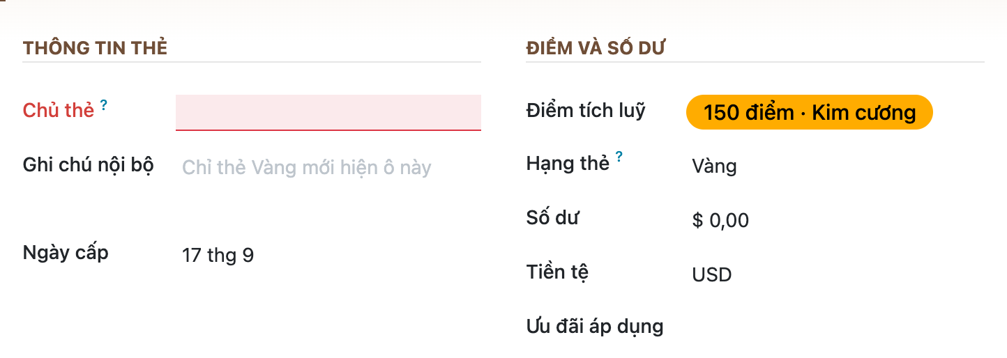 Ảnh chụp thật form thẻ thành viên Odoo 19, nhóm bên trái Thông tin thẻ với Chủ thẻ Ghi chú nội bộ và Ngày cấp 17 tháng 9, nhóm bên phải Điểm và số dư trong đó dòng Điểm tích luỹ hiển thị một huy hiệu bo tròn màu vàng cam với chữ 150 điểm chấm giữa Kim cương, tiếp theo là Hạng thẻ Vàng, Số dư 0 đồng đô la, Tiền tệ USD và Ưu đãi áp dụng