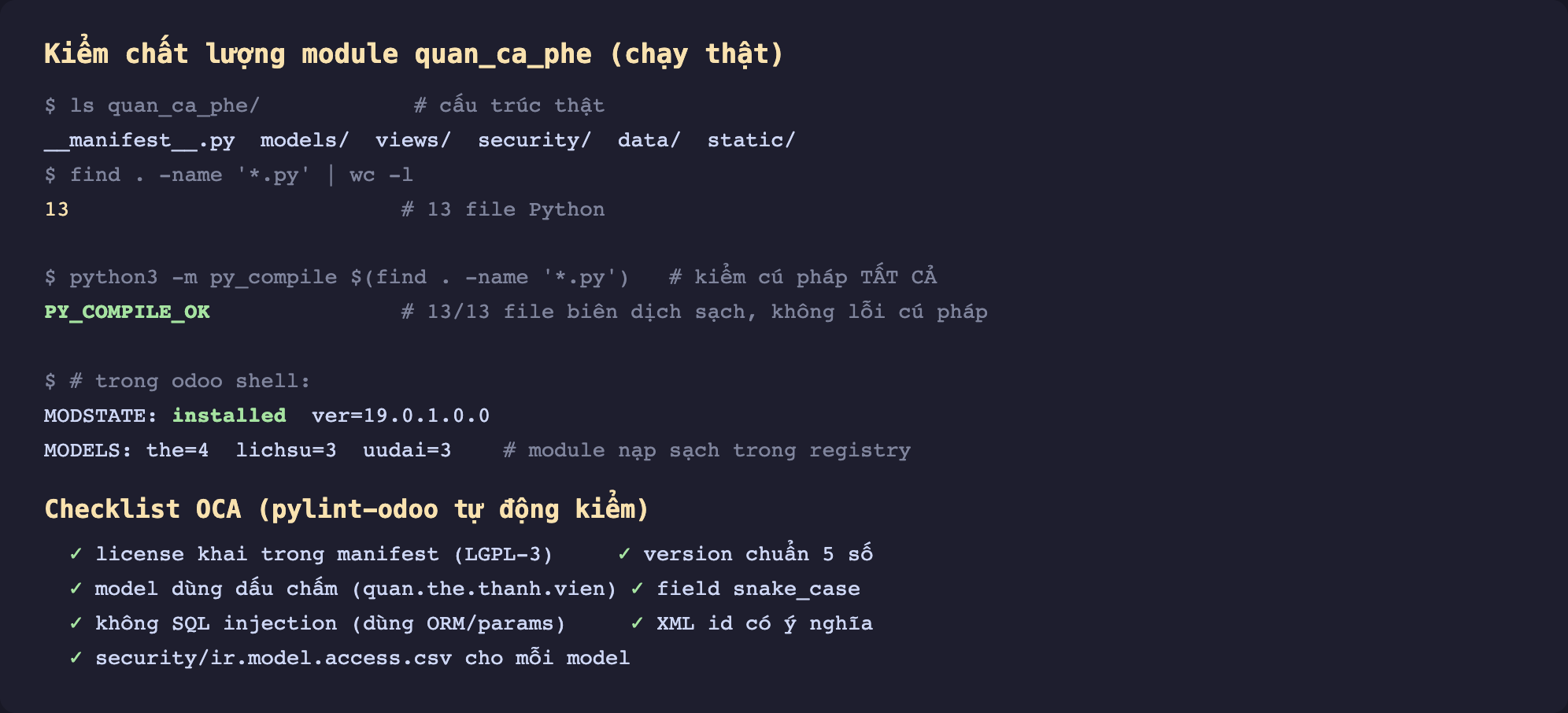Ảnh chụp terminal nền tối kiểm chất lượng module quan_ca_phe chạy thật. Lệnh ls quan_ca_phe cấu trúc thật cho manifest py models views security data static. Lệnh find name py wc l cho 13 file Python. Lệnh python3 m py_compile find name py kiểm cú pháp tất cả cho PY_COMPILE_OK màu xanh chú thích 13 trên 13 file biên dịch sạch không lỗi cú pháp. Trong odoo shell MODSTATE installed ver 19.0.1.0.0, MODELS the 4 lichsu 3 uudai 3 chú thích module nạp sạch trong registry. Checklist OCA pylint-odoo tự động kiểm gồm license khai trong manifest LGPL-3, version chuẩn 5 số, model dùng dấu chấm quan the thanh vien, field snake_case, không SQL injection dùng ORM params, XML id có ý nghĩa, security ir model access csv cho mỗi model