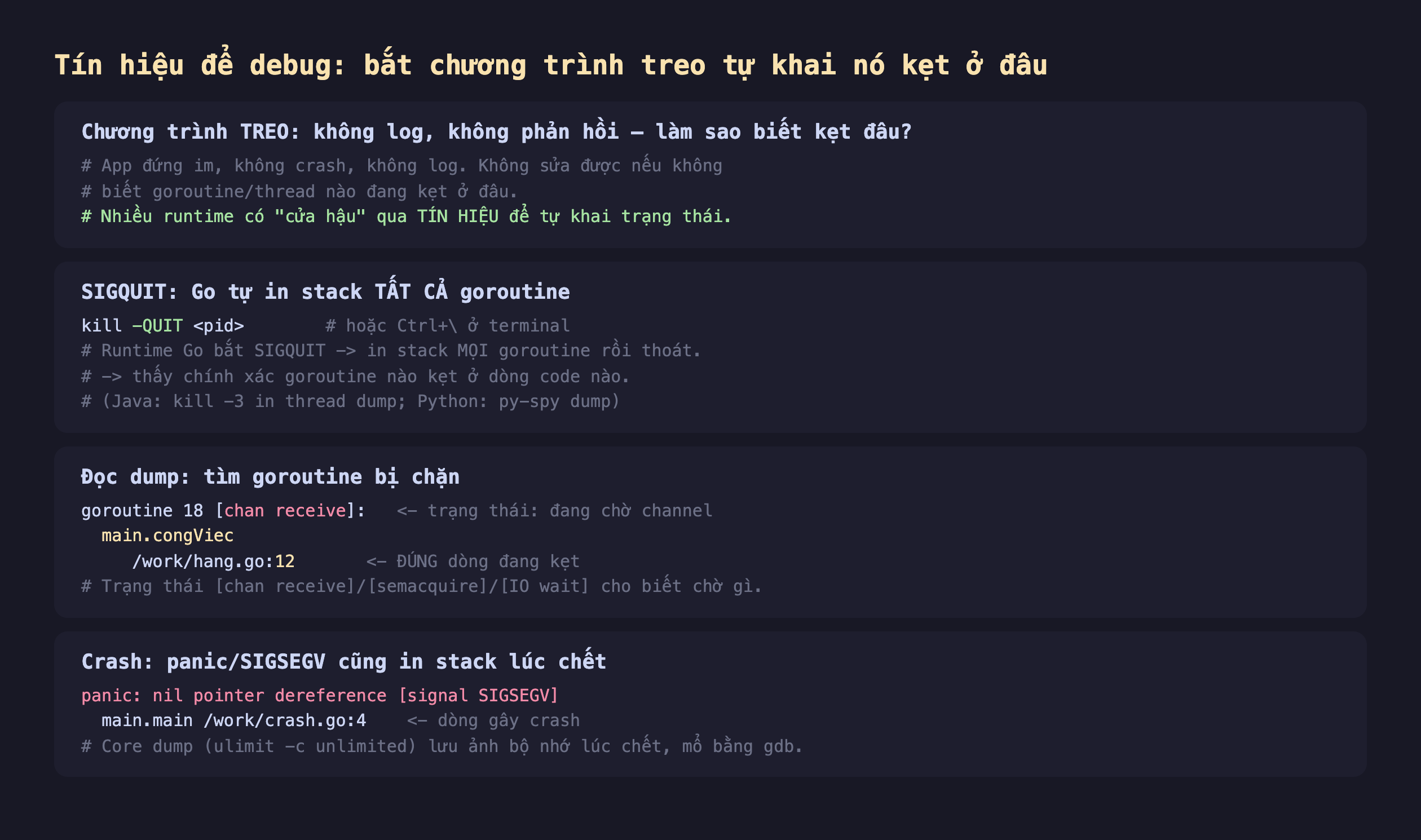 Ảnh chụp đoạn mã nền tối minh hoạ tín hiệu để debug bắt chương trình treo tự khai nó kẹt ở đâu, chương trình treo không log không phản hồi làm sao biết kẹt đâu app đứng im không crash không log không sửa được nếu không biết goroutine thread nào đang kẹt ở đâu nhiều runtime có cửa hậu qua tín hiệu để tự khai trạng thái, SIGQUIT Go tự in stack tất cả goroutine kill -QUIT pid hoặc Ctrl gạch chéo ở terminal runtime Go bắt SIGQUIT in stack mọi goroutine rồi thoát thấy chính xác goroutine nào kẹt ở dòng code nào Java kill -3 in thread dump Python py-spy dump, đọc dump tìm goroutine bị chặn goroutine 18 chan receive trạng thái đang chờ channel main.congViec work hang.go:12 đúng dòng đang kẹt trạng thái chan receive semacquire IO wait cho biết chờ gì, crash panic SIGSEGV cũng in stack lúc chết panic nil pointer dereference signal SIGSEGV main.main work crash.go:4 dòng gây crash core dump ulimit -c unlimited lưu ảnh bộ nhớ lúc chết mổ bằng gdb