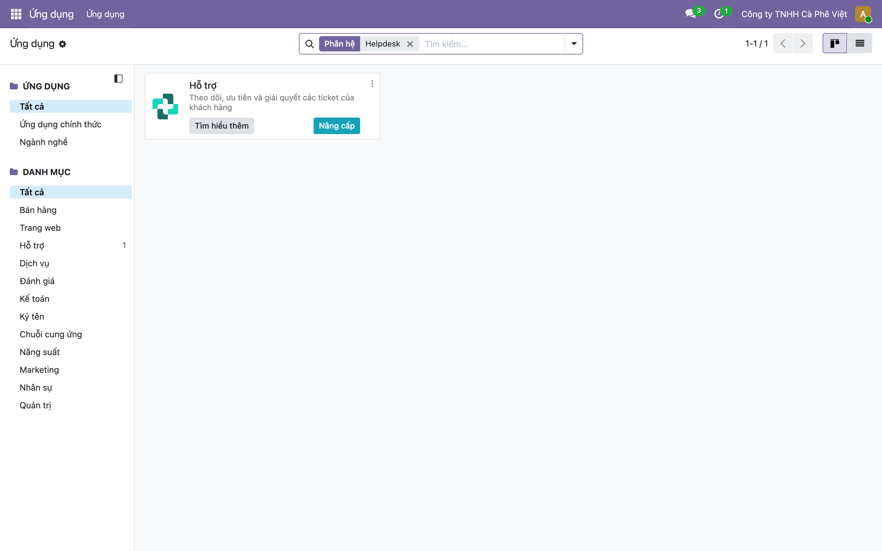 Màn hình Ứng dụng tìm từ Helpdesk, hiện app Hỗ trợ với mô tả Theo dõi ưu tiên và giải quyết các ticket của khách hàng, có nút Tìm hiểu thêm và nút Nâng cấp màu xanh