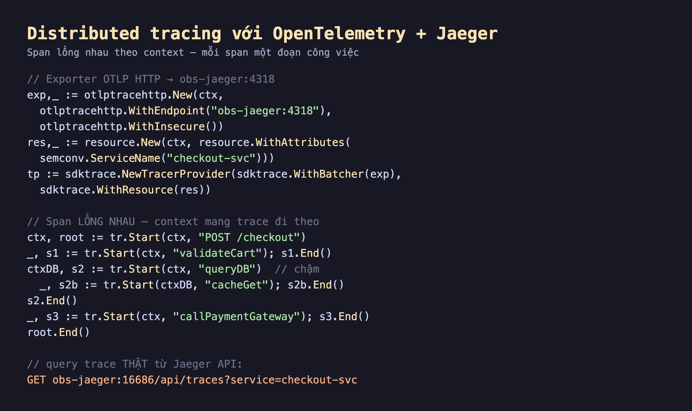 Ảnh chụp đoạn mã Go nền tối dựng distributed tracing với OpenTelemetry và Jaeger, exporter OTLP HTTP tới obs-jaeger cổng 4318 WithInsecure, resource với service name checkout-svc, tracer provider với batcher, tạo span lồng nhau truyền context ctx start POST checkout làm root, validateCart và queryDB và callPaymentGateway là con của root, cacheGet dùng ctxDB nên là con của queryDB, cuối cùng query trace thật từ Jaeger API GET obs-jaeger 16686 api traces service checkout-svc
