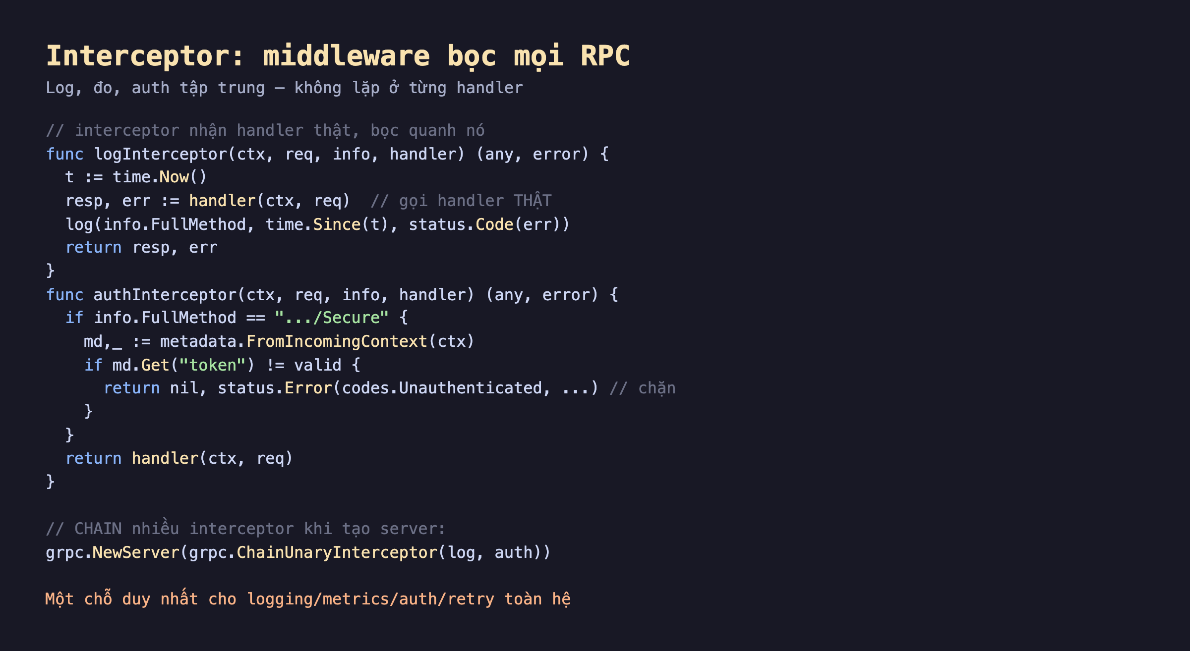 Ảnh chụp đoạn mã Go nền tối interceptor middleware bọc mọi RPC, logInterceptor nhận handler thật bọc quanh t Now resp err handler ctx req gọi handler thật log FullMethod Since t status Code err return, authInterceptor if FullMethod Secure md FromIncomingContext token không hợp lệ return Unauthenticated chặn handler không chạy else return handler, chain nhiều interceptor grpc NewServer ChainUnaryInterceptor log auth, một chỗ duy nhất cho logging metrics auth retry toàn hệ