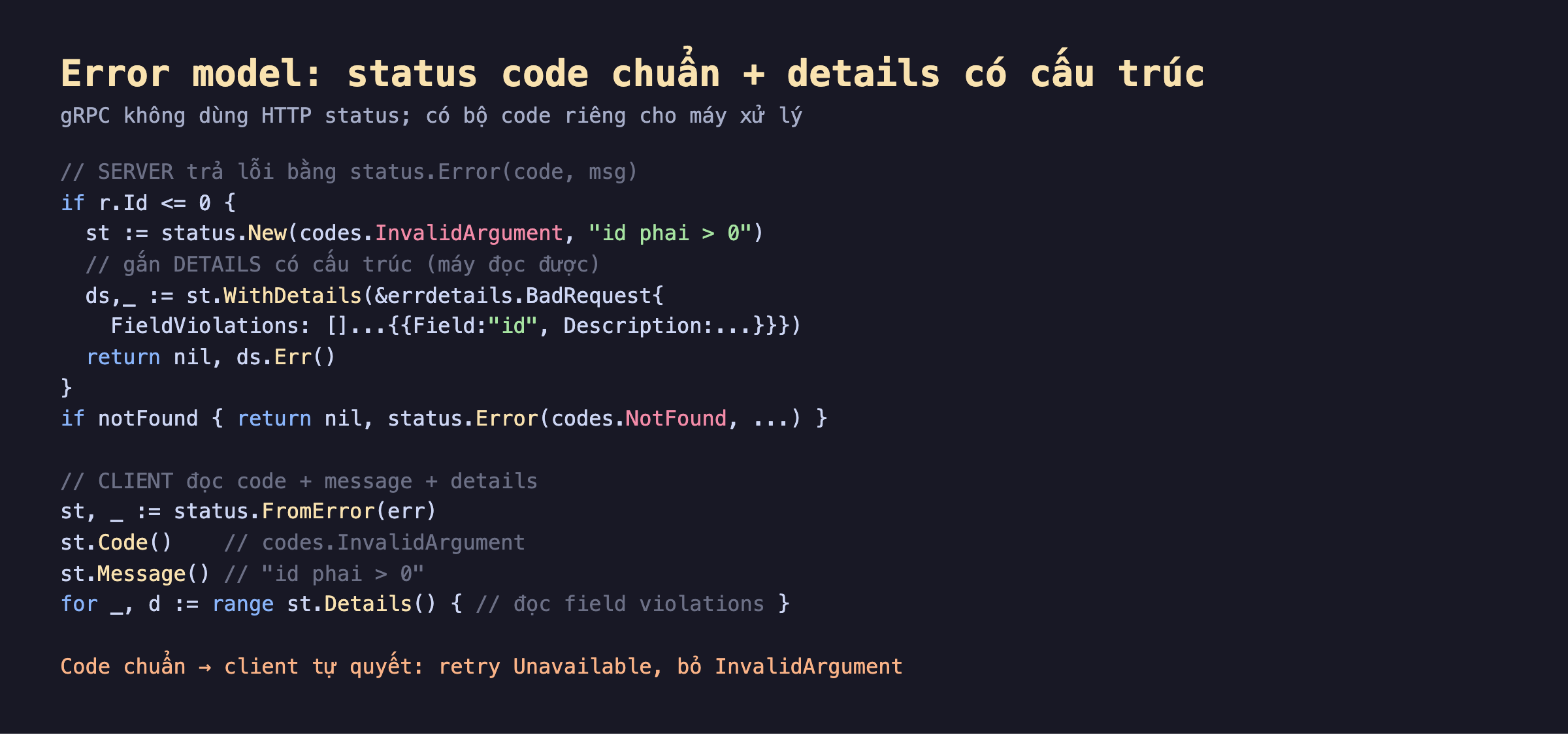 Ảnh chụp đoạn mã Go nền tối error model status code chuẩn cộng details có cấu trúc gRPC không dùng HTTP status, server trả lỗi status.New codes.InvalidArgument id phai lớn hơn 0 gắn details WithDetails errdetails.BadRequest FieldViolations Field id Description phai la so duong return ds.Err, if notFound return status.Error codes.NotFound, client đọc code message details status.FromError err st.Code InvalidArgument st.Message st.Details for range đọc field violations, code chuẩn client tự quyết retry Unavailable bỏ InvalidArgument